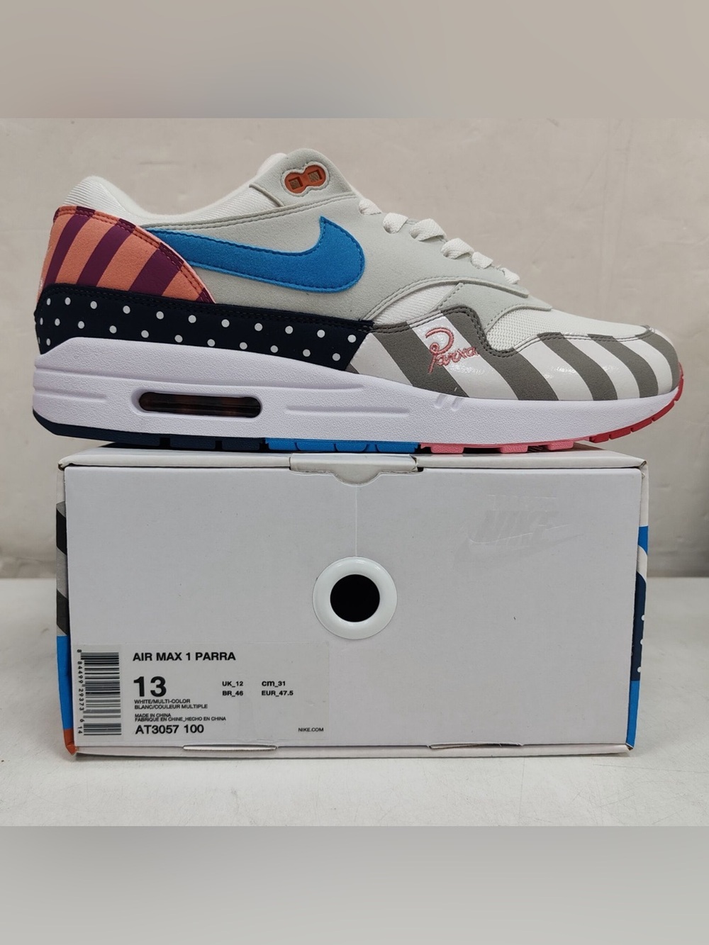 Nike Air Max 1 Parra White with Blue, Pink & Black Accents